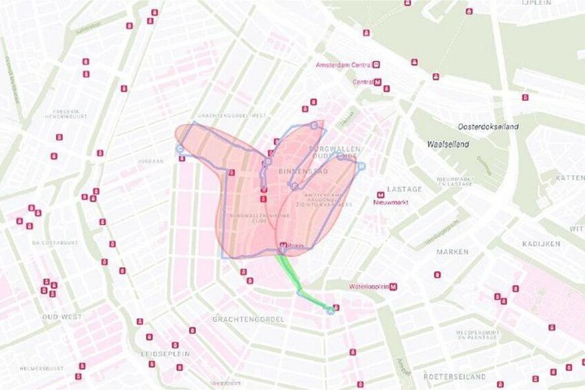 A map with highlighted areas and streets in Amsterdam. 2