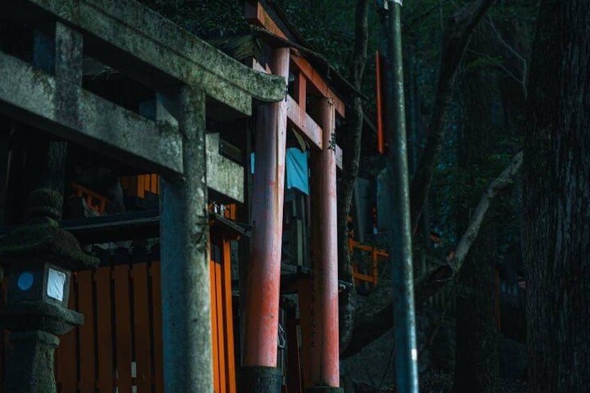 A traditional Japanese torii gate surrounded by trees. 2