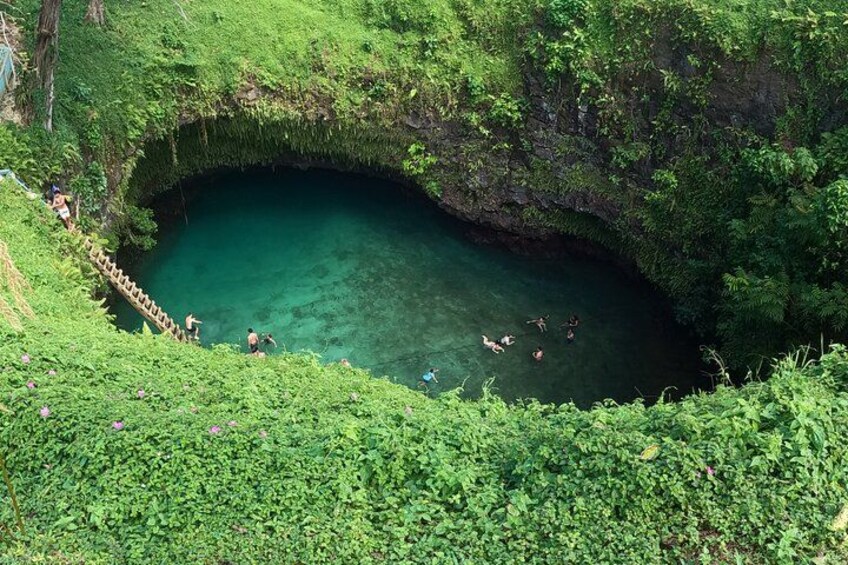 Una piscina natural rodeada de abundante vegetación, con gente nadando y caminando por el borde. 1