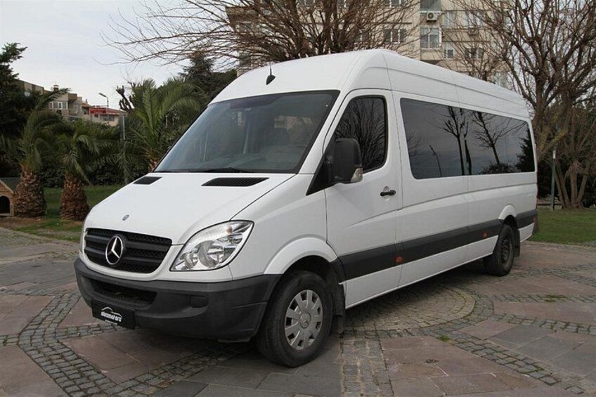 A white Mercedes van parked on a cobblestone path with palm trees and buildings in the background. 4