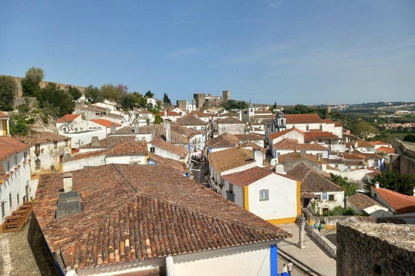 A historic town with terracotta-roofed buildings, a prominent church, and a hilltop fortress. 2