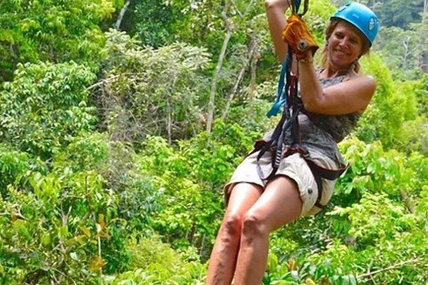 Una persona deslizándose en tirolesa a través de un bosque verde y tupido. 3
