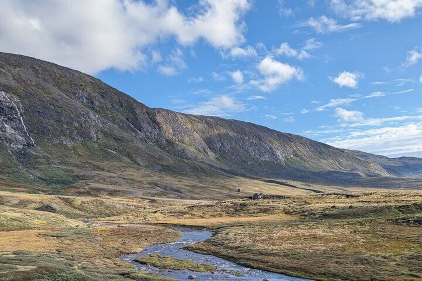 A valley with a river, grassy terrain, and a mountain in the background. 2