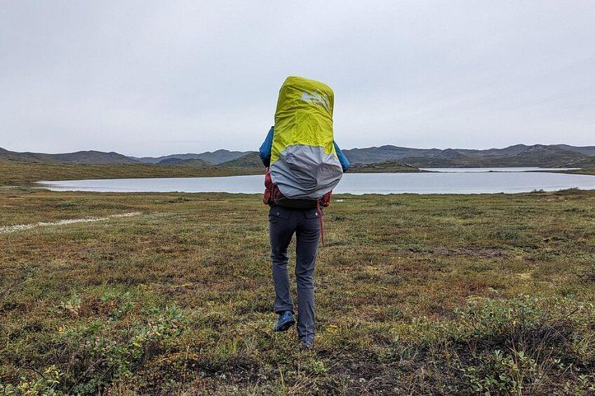 Una persona caminando sobre un campo cubierto de hierba, con un lago y colinas al fondo. 5