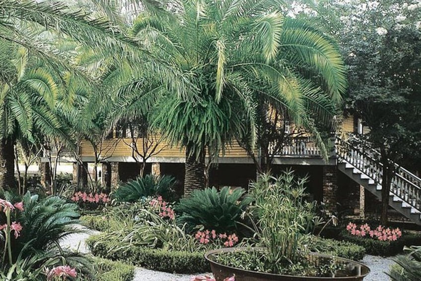 A tropical garden with palm trees, flowering plants, and a staircase leading to a building. 4