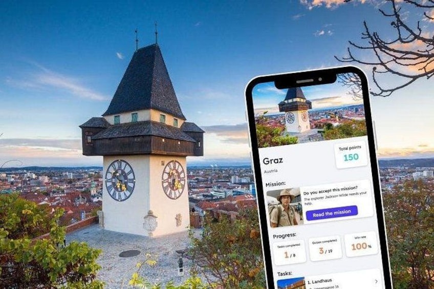 Un campanile con uno smartphone che mostra una schermata di avanzamento missione. 1
