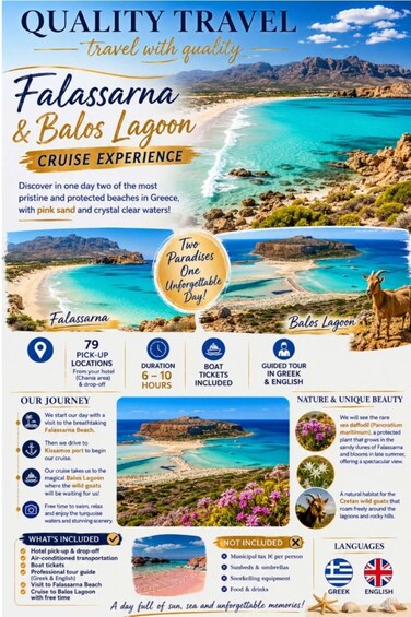 A travel brochure for a cruise experience in Greece, highlighting the destinations Falassarna and Balos Lagoon. 2