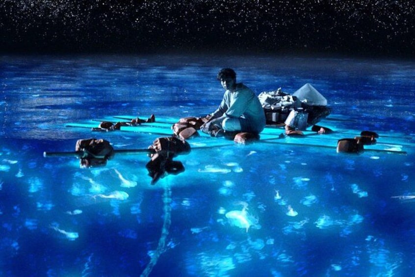 A person in a kayak surrounded by other kayaks in a body of water under a starry sky. 5