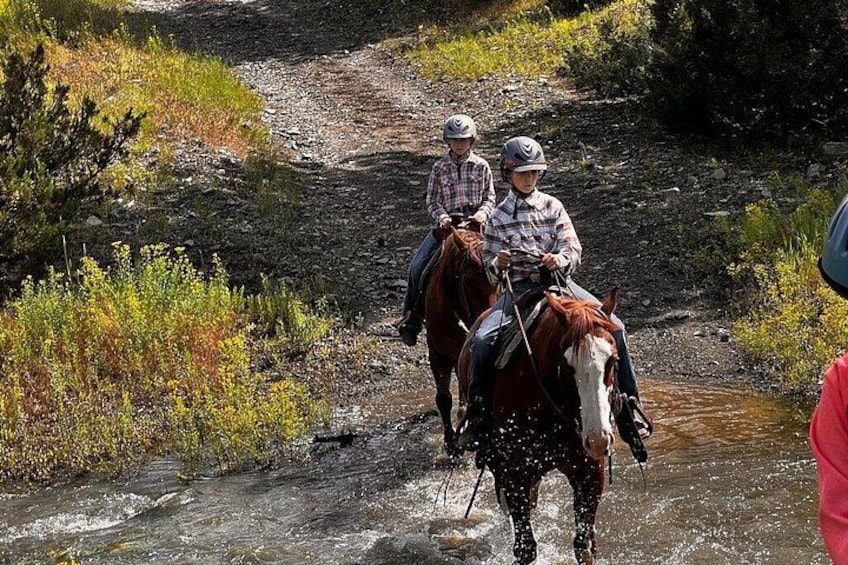 Two people riding horses on a rocky trail with a stream. 4