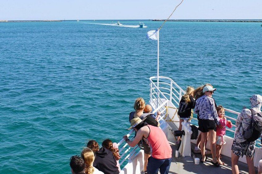 Un gruppo di persone su una barca vicino a una distesa d'acqua con una costa in lontananza. 4