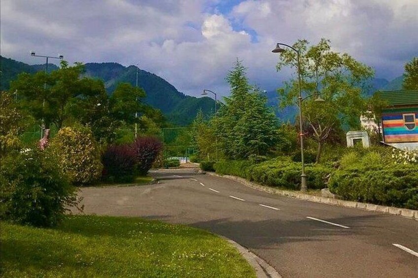 Eine Straße mit Grünflächen und Bergen im Hintergrund. 3