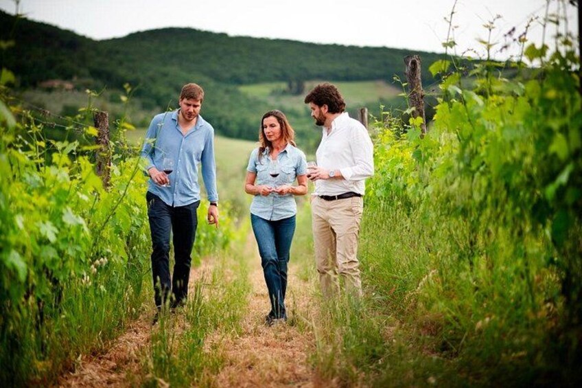 Three people walking on a path surrounded by greenery. 5