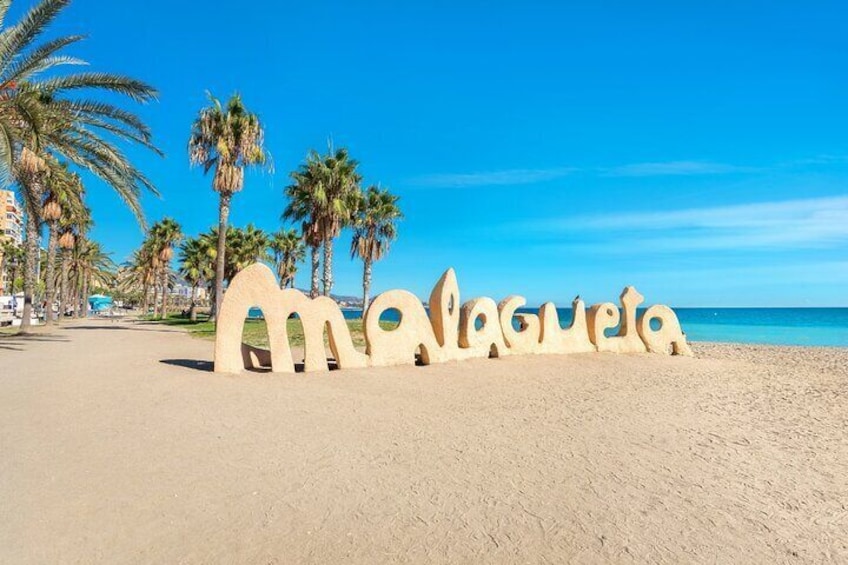 A beach with palm trees and the word "Malagueta" in the sand. 4