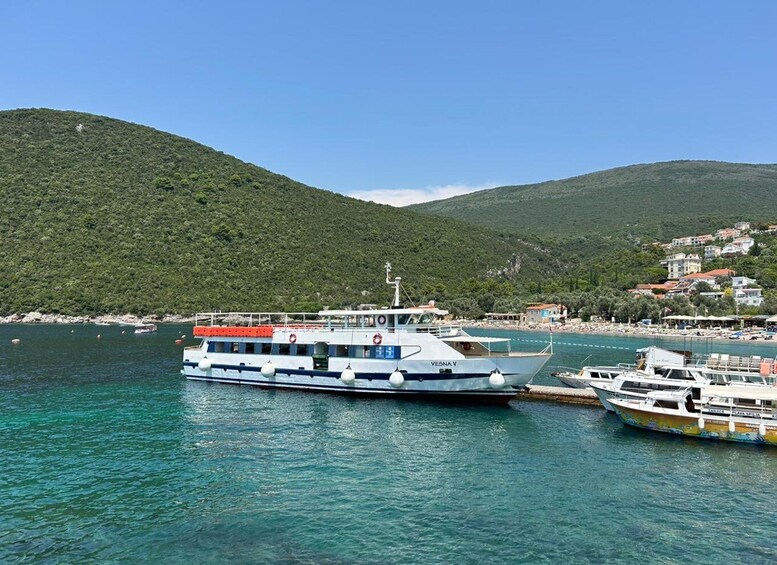 A ferry docked at a harbor with a mountainous backdrop and a coastal village. 1