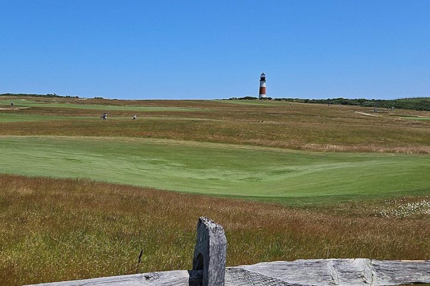 Ein Golfplatz mit einem Leuchtturm in der Ferne. 4