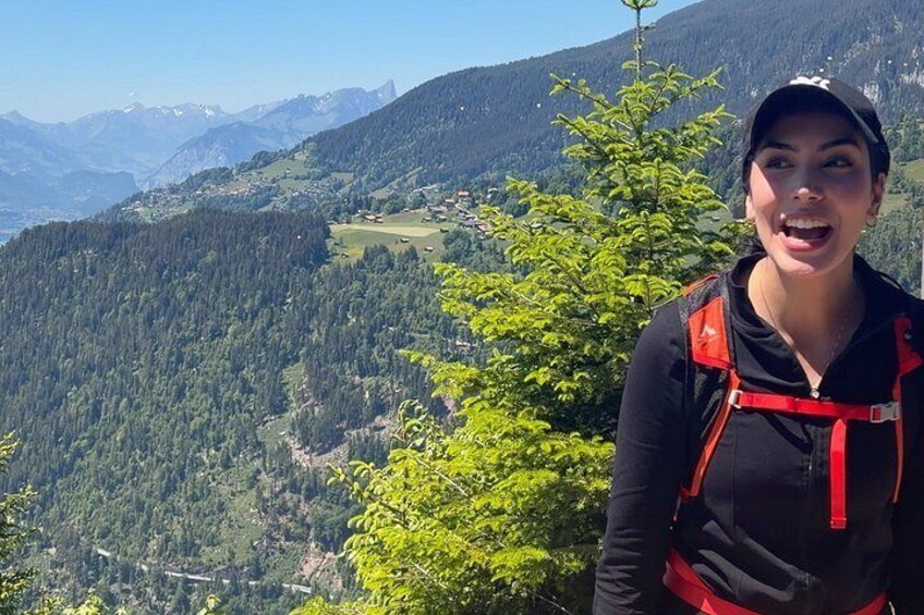 Una persona está de pie en una montaña, con un valle boscoso y montañas lejanas al fondo. 2