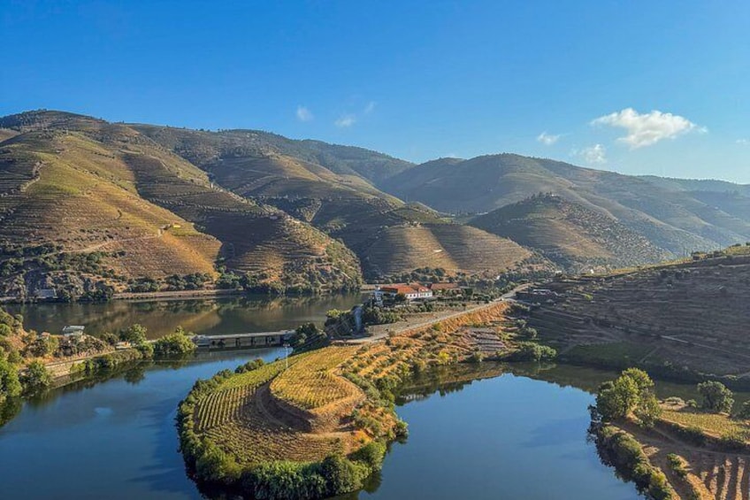 Un río con campos de cultivo en terrazas, un puente y colinas onduladas al fondo. 1