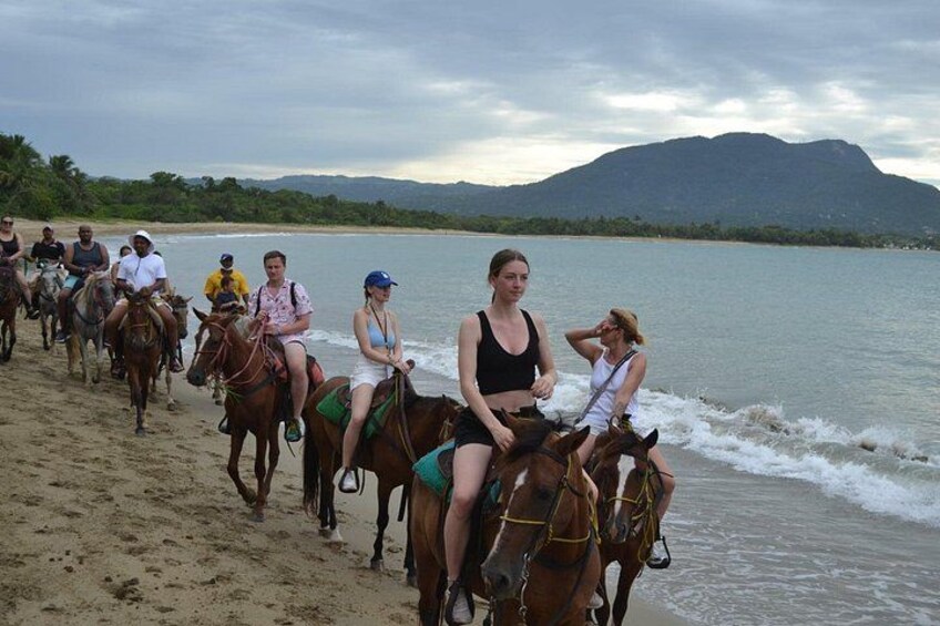 Een groep mensen rijdt op paarden langs een strand, met een berg op de achtergrond. 3