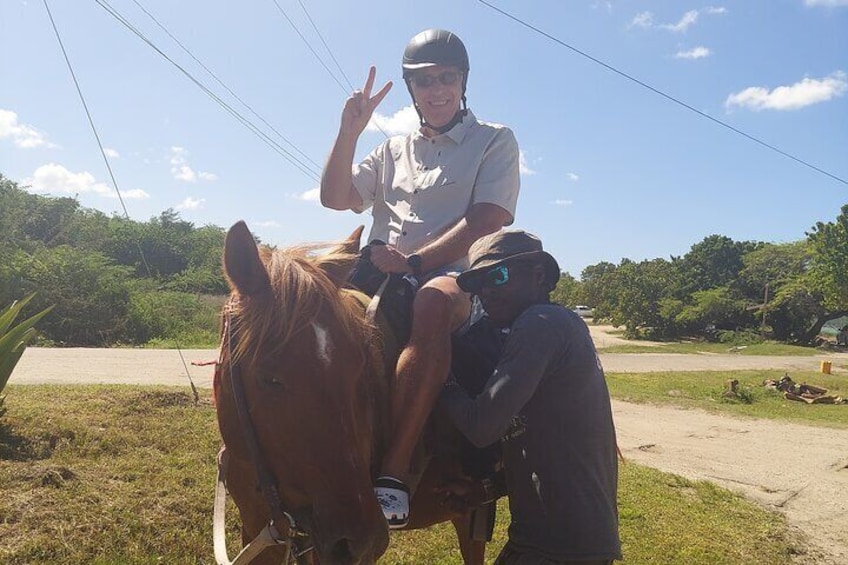 A person riding a horse on a dirt path with greenery in the background. 4