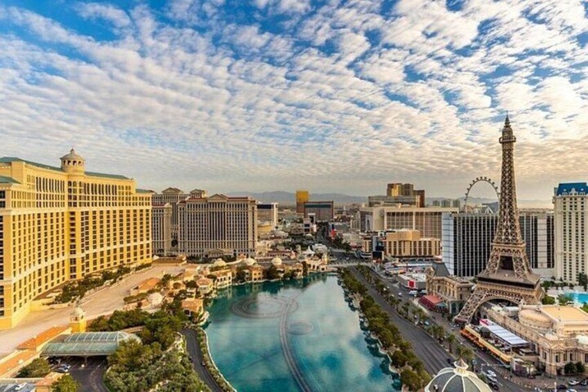 A cityscape with a prominent tower resembling the Eiffel Tower, a large body of water, and a Ferris wheel. 2