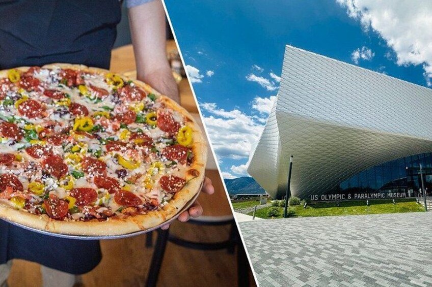 A pizza with various toppings and a modern building with a unique architectural design. 1