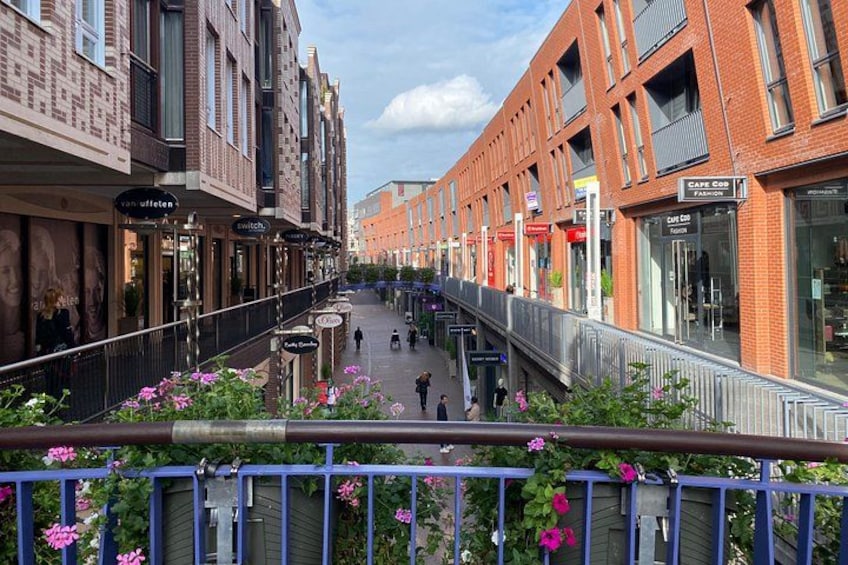 A pedestrian walkway lined with shops and cafes, with a blue railing and pink flowers in the foreground. 3