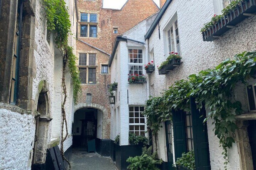A narrow alley with white buildings, green shutters, and ivy-covered walls. 1