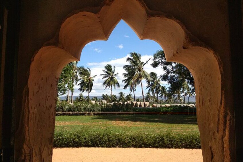 A view through an archway with palm trees and a field in the background. 1