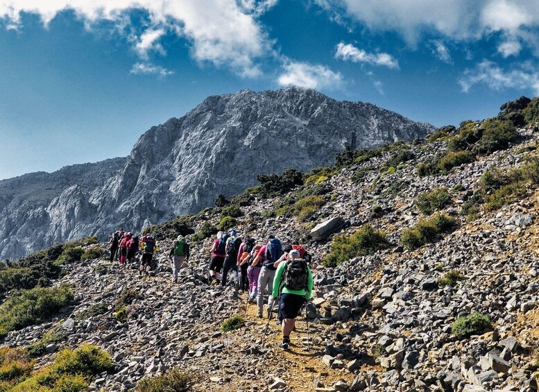 A group of hikers on a rocky mountain trail with a large mountain in the background. 2