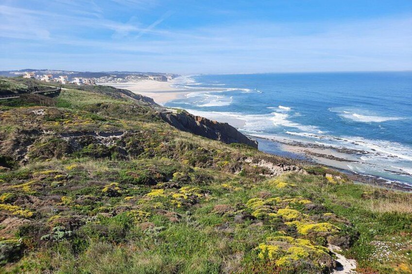 A coastal landscape with cliffs, a beach, and the ocean. 4