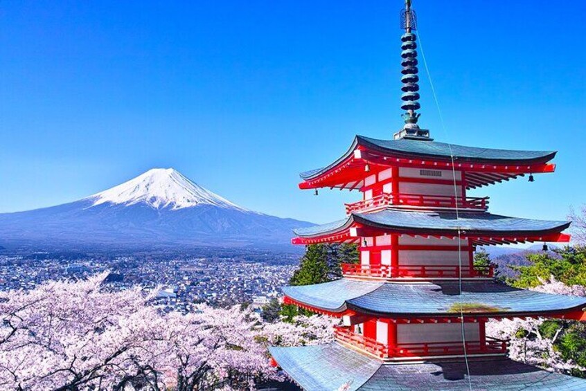 A pagoda, cherry blossoms, and Mount Fuji. 1