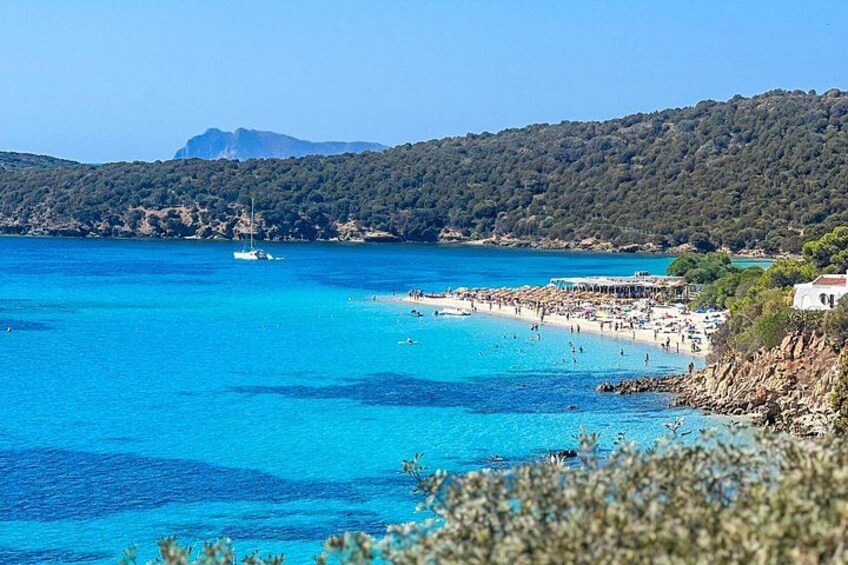 A coastal landscape with clear blue waters, a sandy beach, and a forested hill in the background. 1