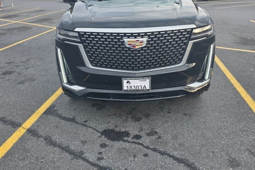 A black Cadillac SUV with a visible license plate number 18303A. 1