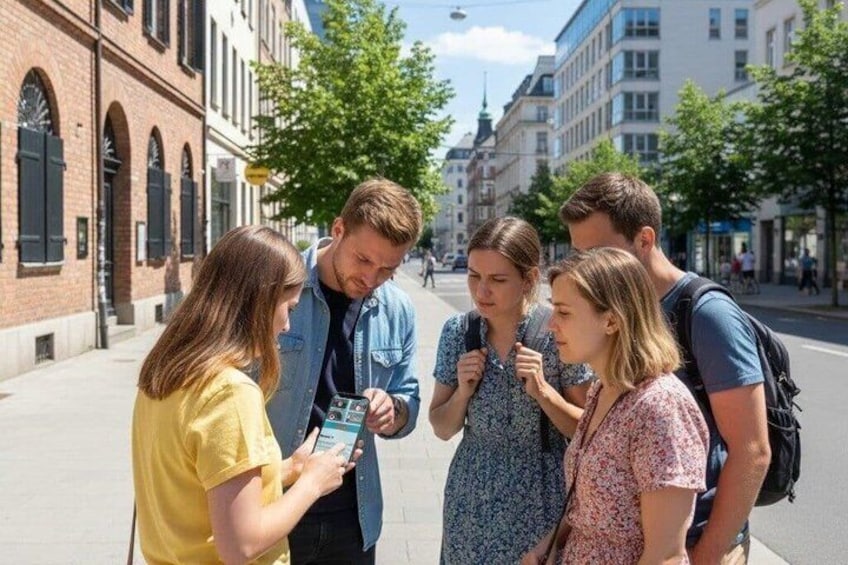 A group of people standing on a city street, some looking at a map. 5