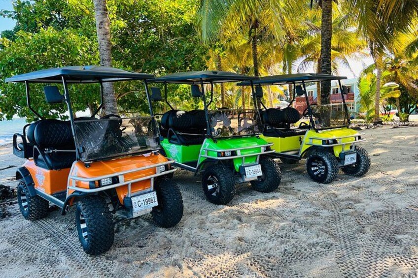 Three golf carts parked on a sandy beach with palm trees in the background. 4