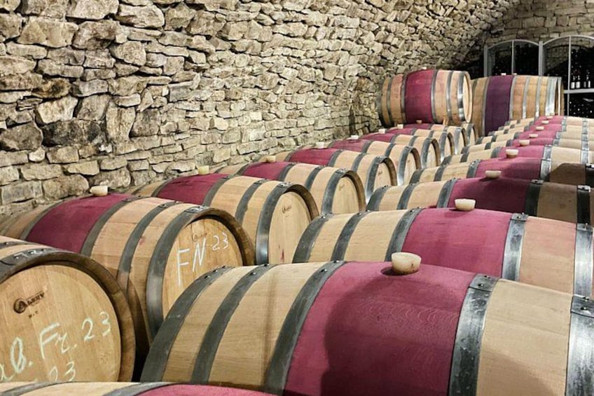 Barricas de madera con telas rojas, dispuestas en filas frente a una pared de piedra. 4