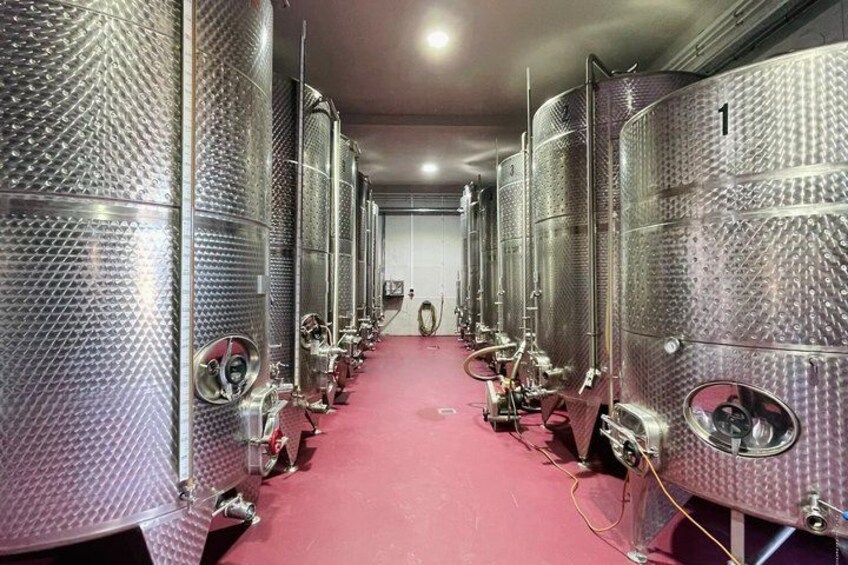 A row of stainless steel fermentation tanks in a facility. 2