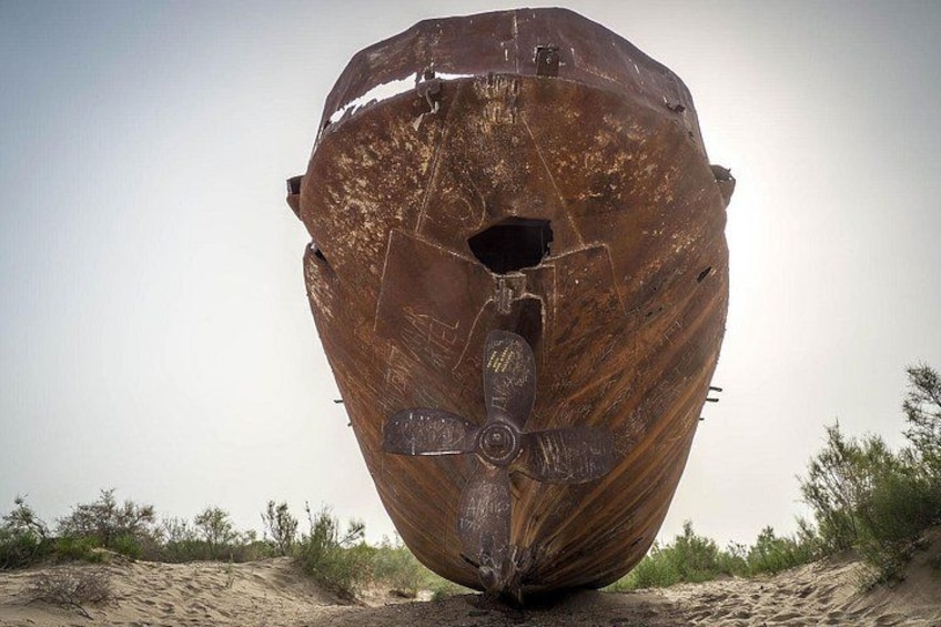 Un relitto di nave arrugginito e imponente, con un'elica, circondato da vegetazione rada e terreno sabbioso. 3