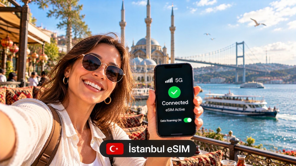 A person holding a smartphone displaying a 5G connection status with a view of a bridge and water in the background. 3