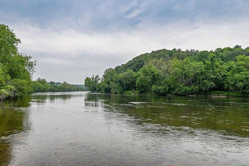 A river surrounded by dense green forest under a cloudy sky. 2