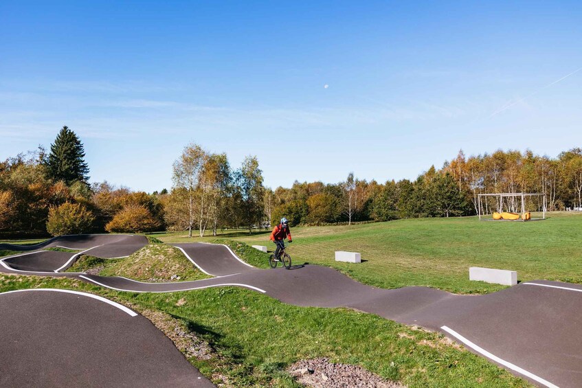 A person riding a bicycle on a winding path in a park with trees and grassy areas. 5