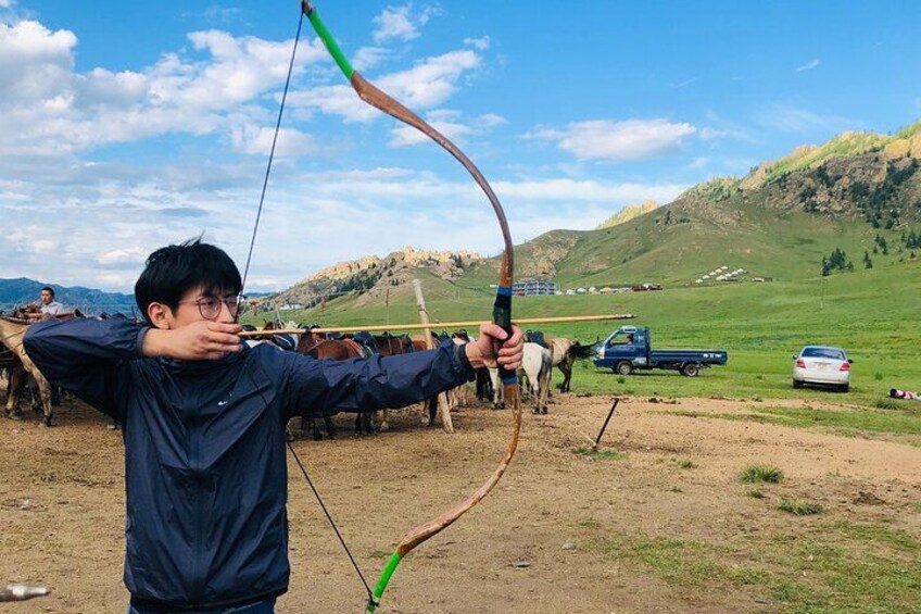 A person in a blue jacket aiming a bow with a green arrow, in a grassy field with mountains in the background. 2