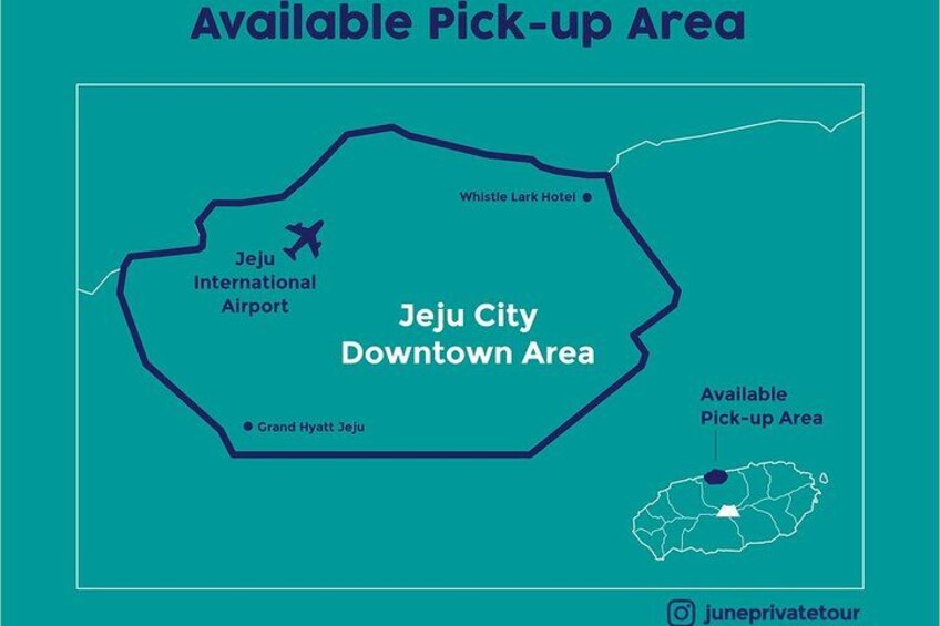 A map of Jeju City Downtown Area with landmarks like Jeju International Airport, Whistle Lark Hotel, and Grand Hyatt Jeju. 3