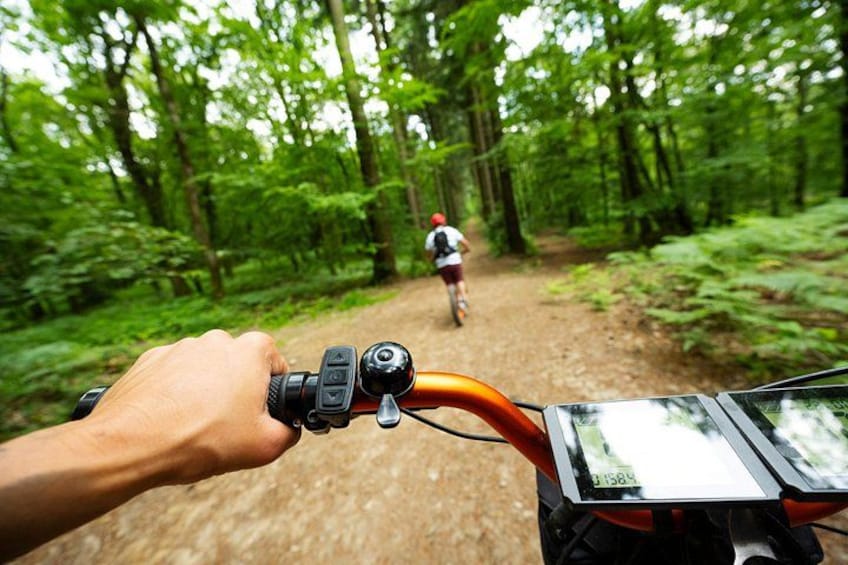 A hand on a bicycle handlebar with a digital display, a forest trail, and a cyclist in the distance. 4