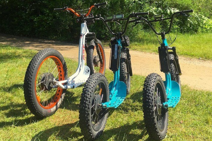 Three electric scooters parked on grass with a dirt path in the background. 1