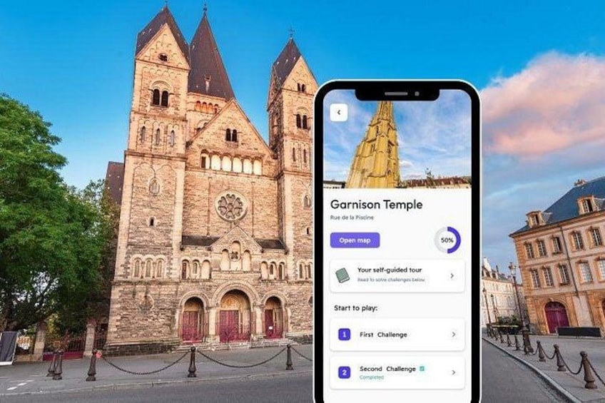 A smartphone displaying a tour app for the Garnison Temple. 4