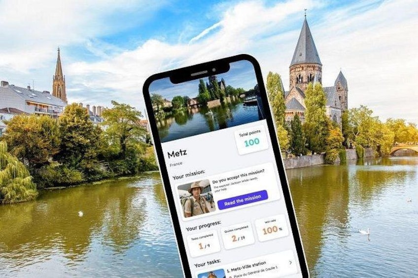 A smartphone displaying a game interface with a medieval church and river in the background. 1