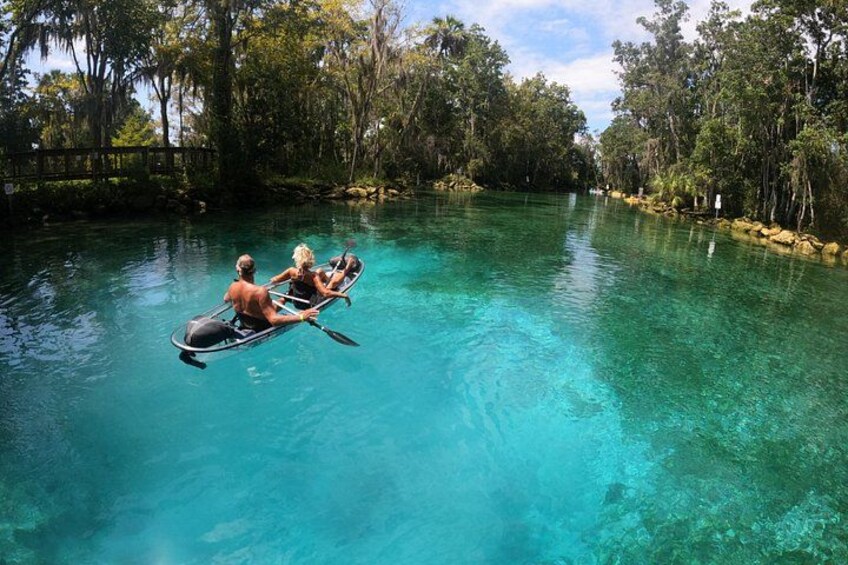 Two people rowing a canoe on a clear turquoise river surrounded by dense forest. 4