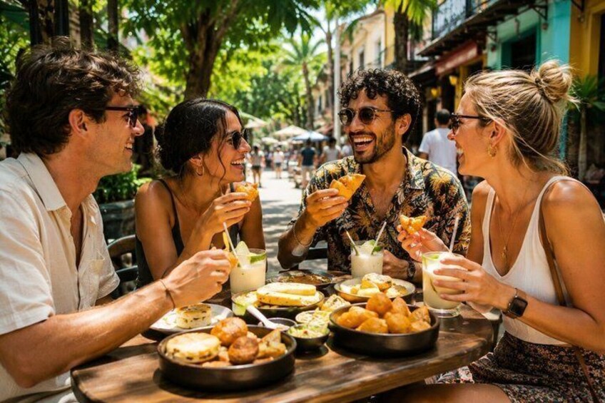 A group of people dining outdoors at a street-side restaurant with various dishes and drinks. 1