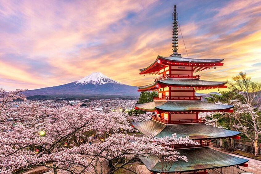 A pagoda with a snow-capped mountain in the background. 1